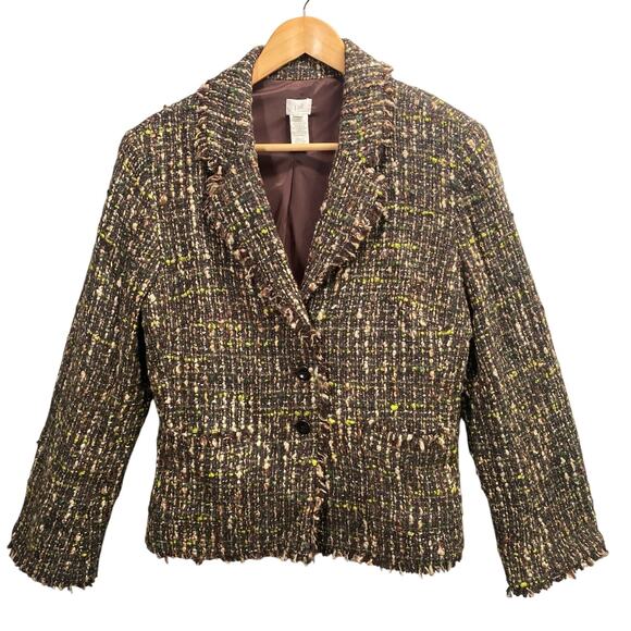J Jill Tweed Blazer Jacket Frayed Trim Brown Green Career Office Size 14 - Picture 1 of 16